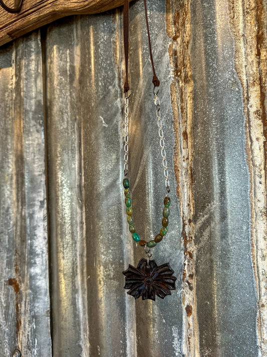 The Mabel Necklace with Green Turquoise Beads and Handtooled Leather Flower Pendant