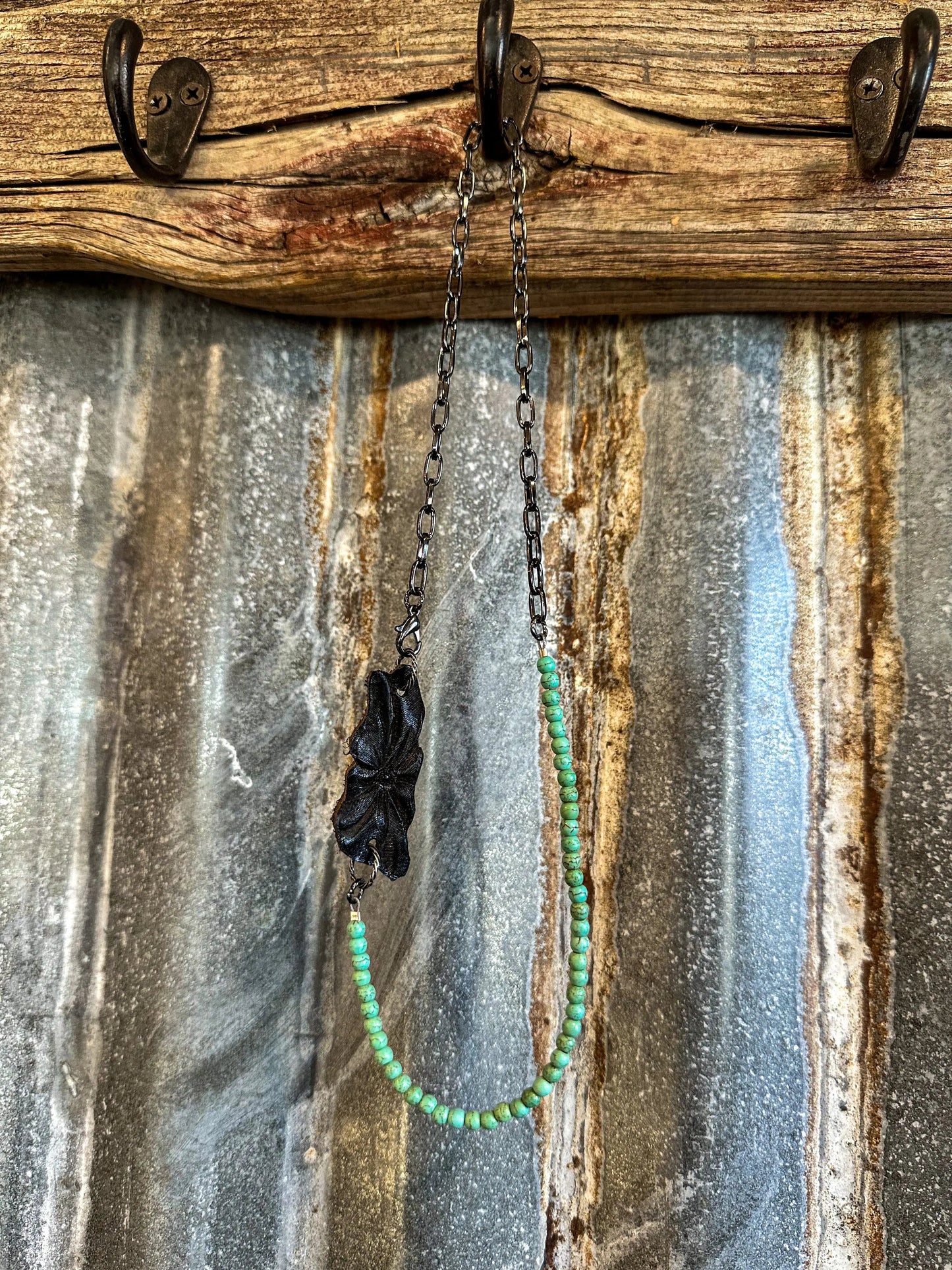 The Patsy Necklace with Petite Green Turquoise Beads and Tooled Leather Sheridan Pendant