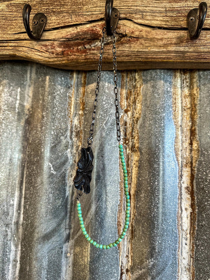 The Patsy Necklace with Petite Green Turquoise Beads and Tooled Leather Sheridan Pendant