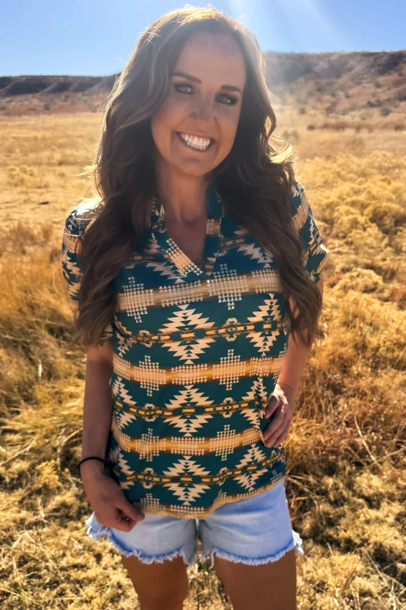 TURQUOISE TWIST AZTEC TOP