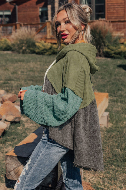 Green Patchwork High Low Hooded Top