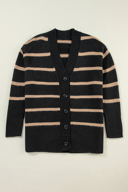 Black Stripe Buttoned V Neck Drop Shoulder Loose Cardigan