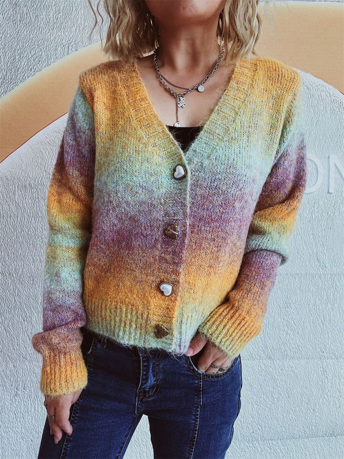 Gradient Heart Shape Button V-Neck Cardigan