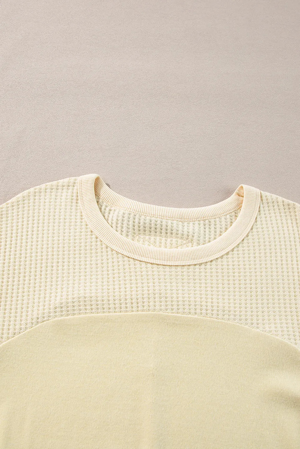 Waffle-Knit Round Neck Long Sleeve Top