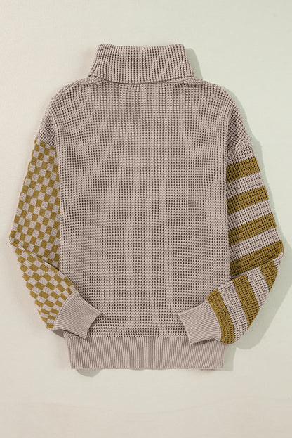 Patchwork Waffle Turtleneck Sweater