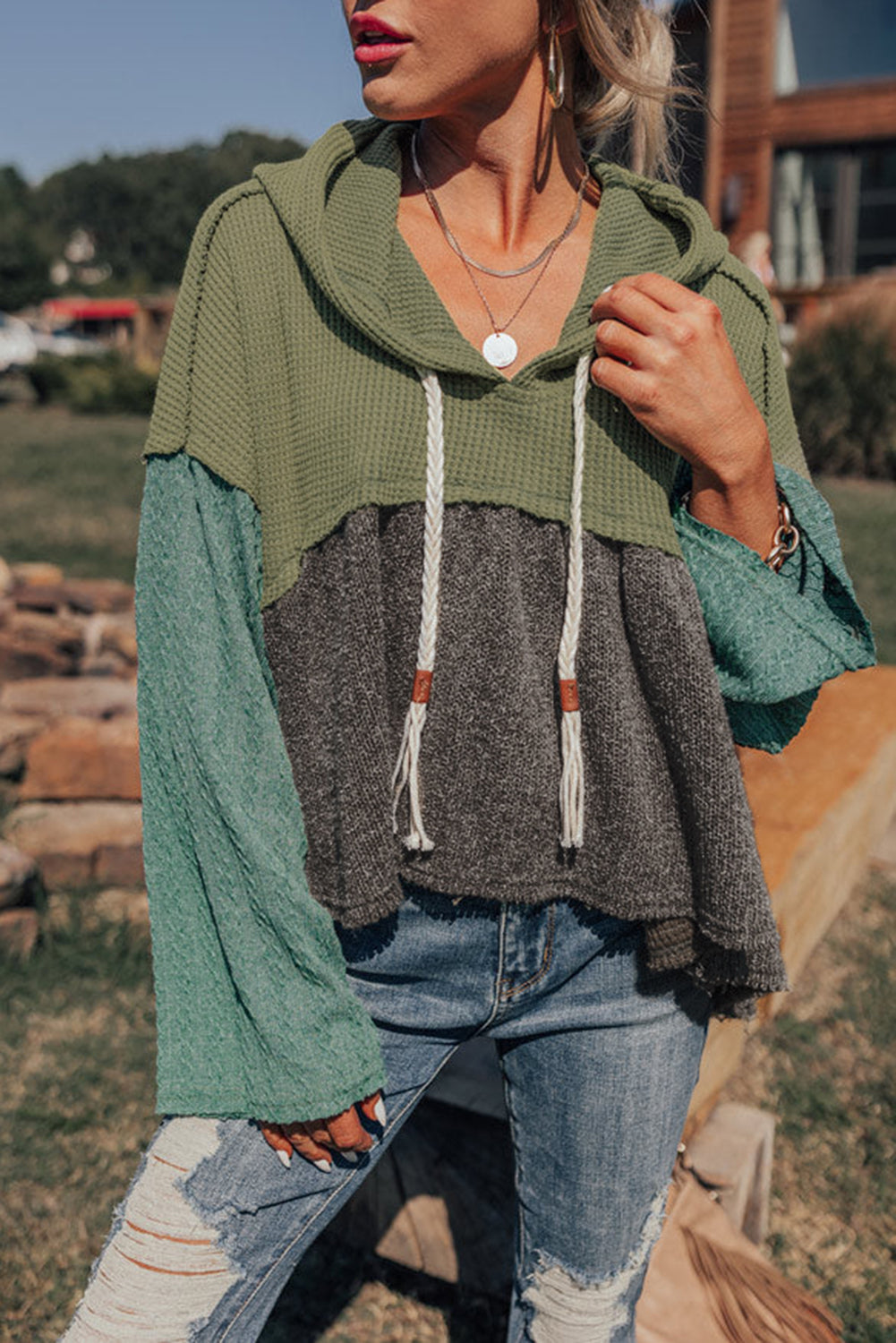 Green Patchwork High Low Hooded Top