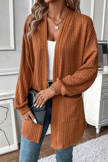 Textured Pocketed Open Front Long Sleeve Cover Up