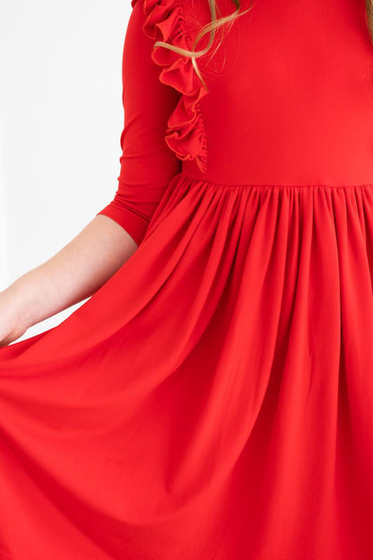 Red 3/4 Ruffle Twirl Dress