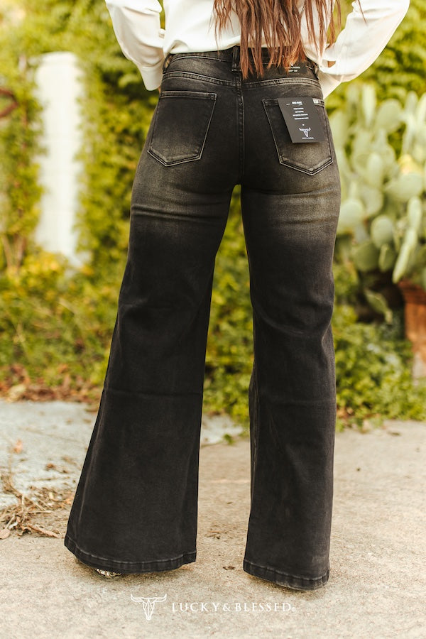 Black Wash High Rise Knee Rip Wide Leg Jeans (31in Inseam)