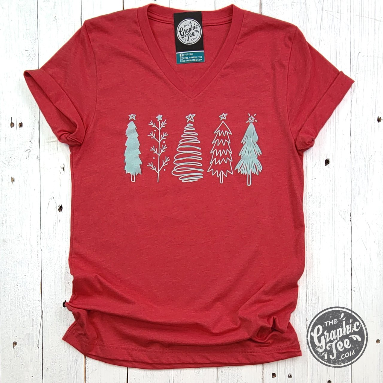 Boho Christmas Trees Heather Red V Neck Short Sleeve Tee