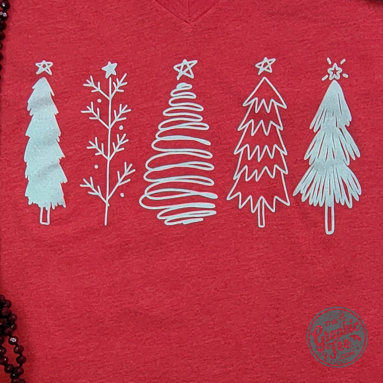 Boho Christmas Trees Heather Red V Neck Short Sleeve Tee