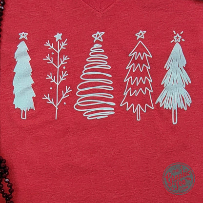 Boho Christmas Trees Heather Red V Neck Short Sleeve Tee