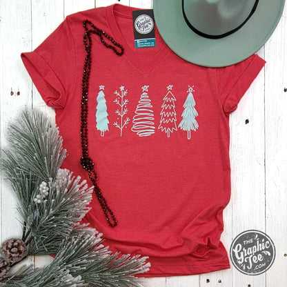 Boho Christmas Trees Heather Red V Neck Short Sleeve Tee