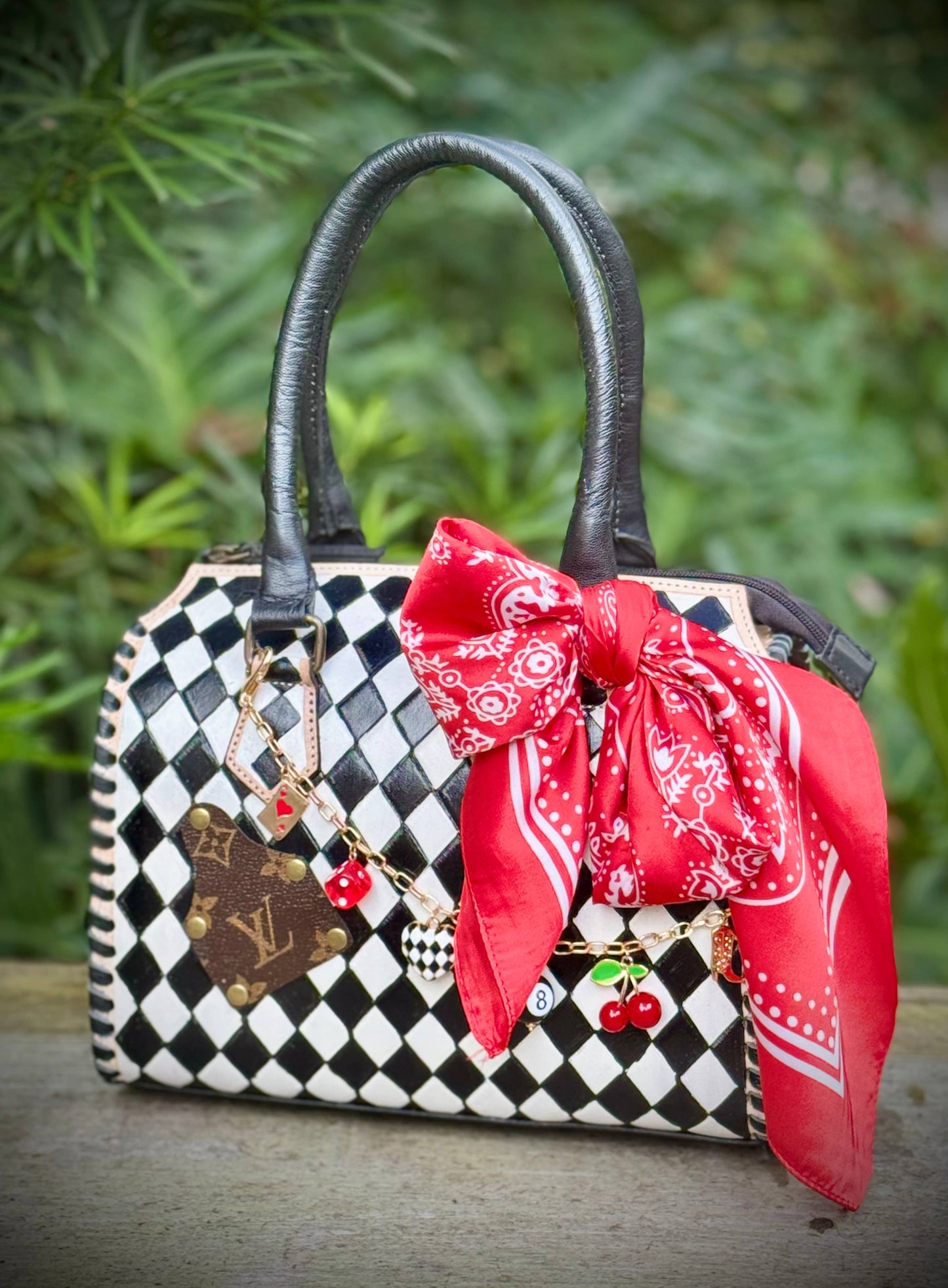 Upcycled LV Leather Checkered & Cherries Speedy Bag
