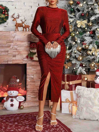 Slit Ruched Mock Neck Long Sleeve Dress