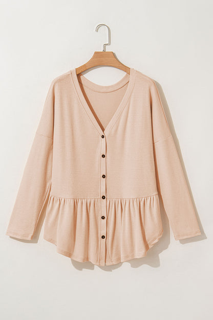 Jet Stream Solid Ruffled Buttoned V Neck Shirt