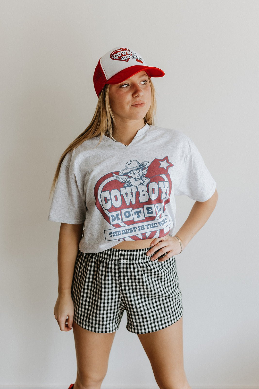 Cowboy Motel Raw Cut V-neck Graphic Tee