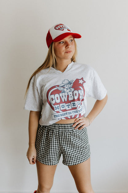 Cowboy Motel Raw Cut V-neck Graphic Tee