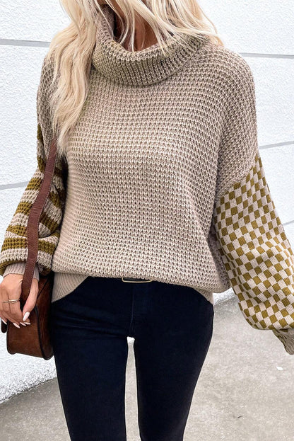 Patchwork Waffle Turtleneck Sweater