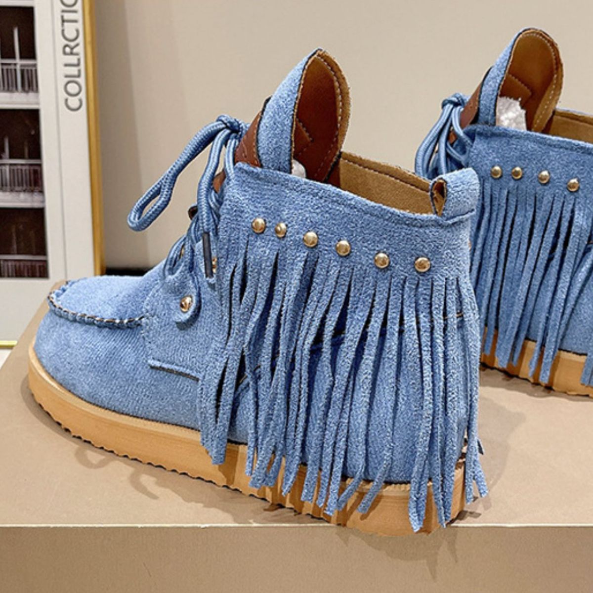 Fringe Studded Round Toe Canvas Boots