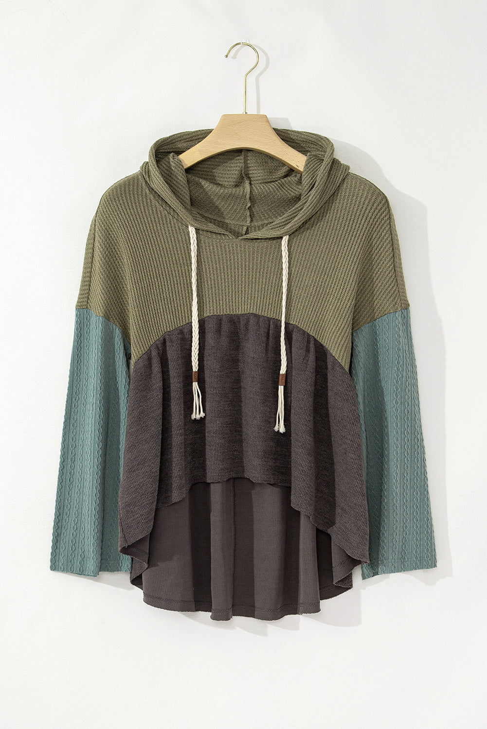 Green Patchwork High Low Hooded Top