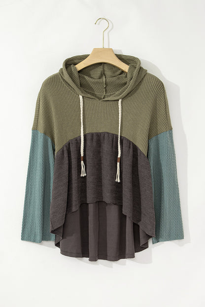 Green Patchwork High Low Hooded Top