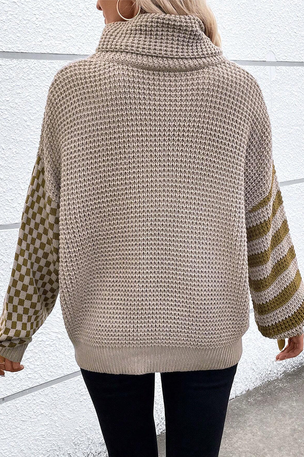 Patchwork Waffle Turtleneck Sweater