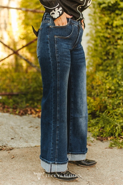 Dark Wash Cuffed Wide Leg Mid Rise Jeans (30in Inseam Folded)