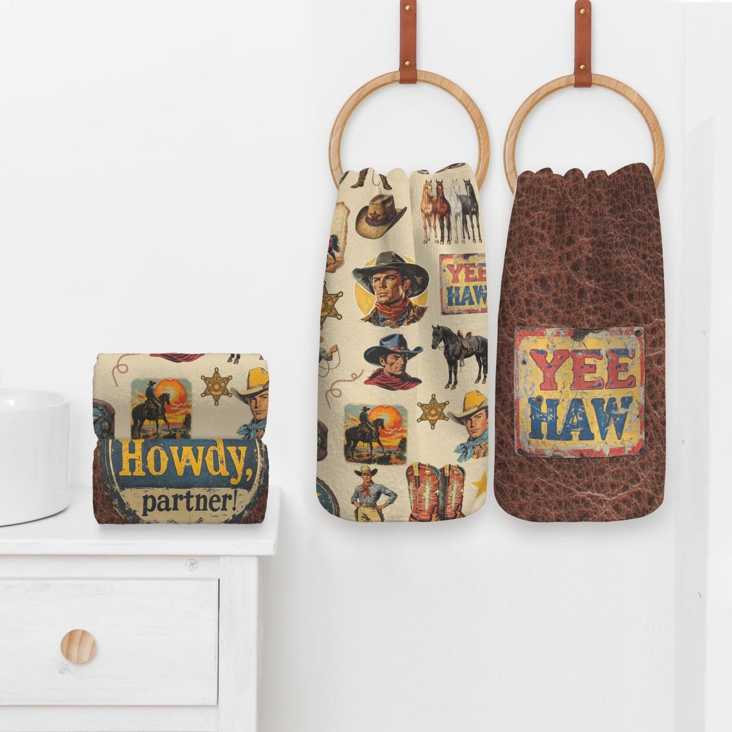 Vintage Cowboy Set of 4 Kitchen Dish Towels Made in America