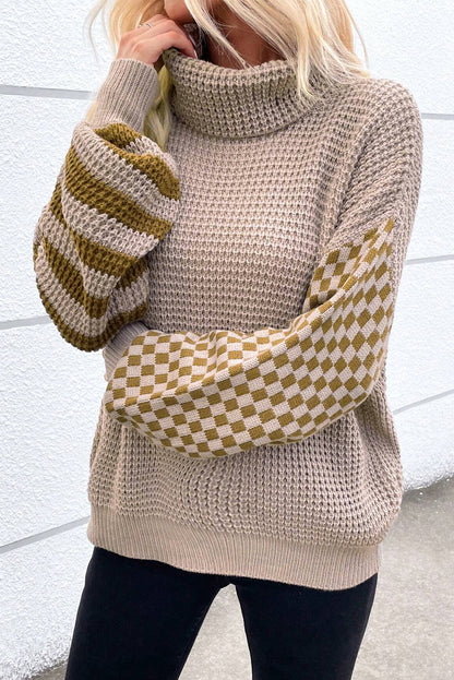 Patchwork Waffle Turtleneck Sweater