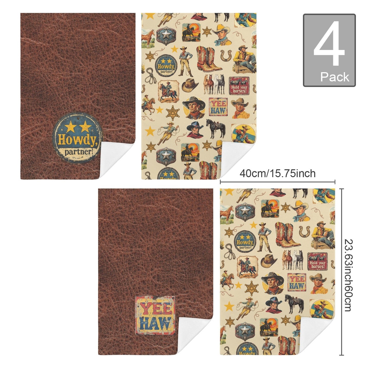 Vintage Cowboy Set of 4 Kitchen Dish Towels Made in America