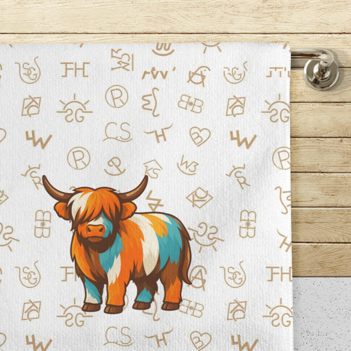 Set of 4 Minimalistic Western Highland Cow Cattle Brands Kitchen Towels Made in America