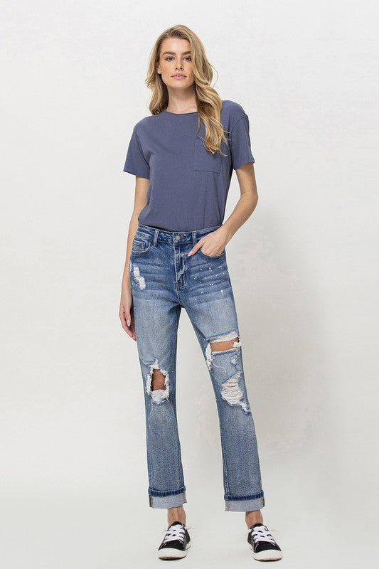 Stretch Mom Jeans w/ Spatter Detail and Cuff