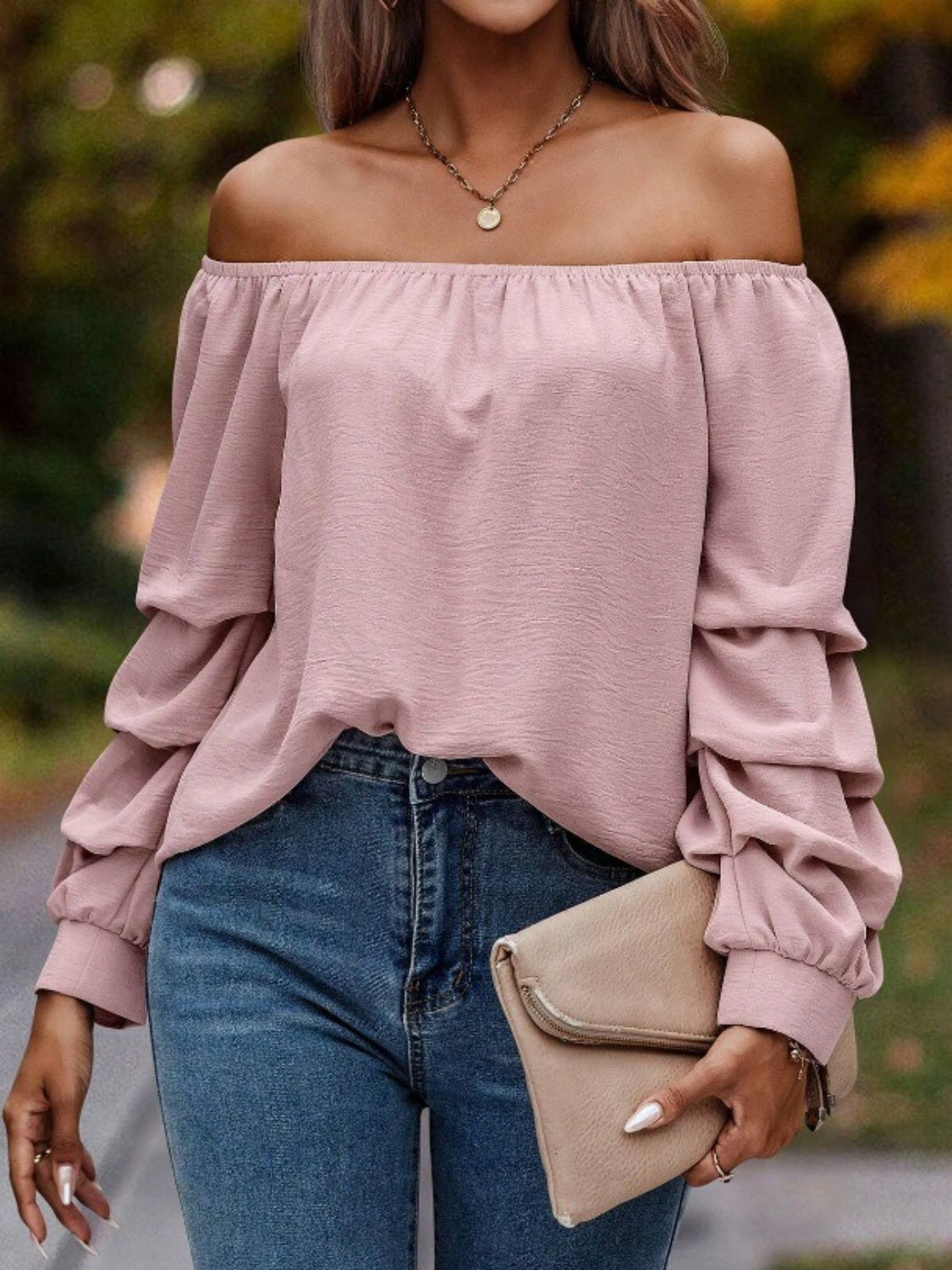 Ruched Off-Shoulder Long Sleeve Blouse