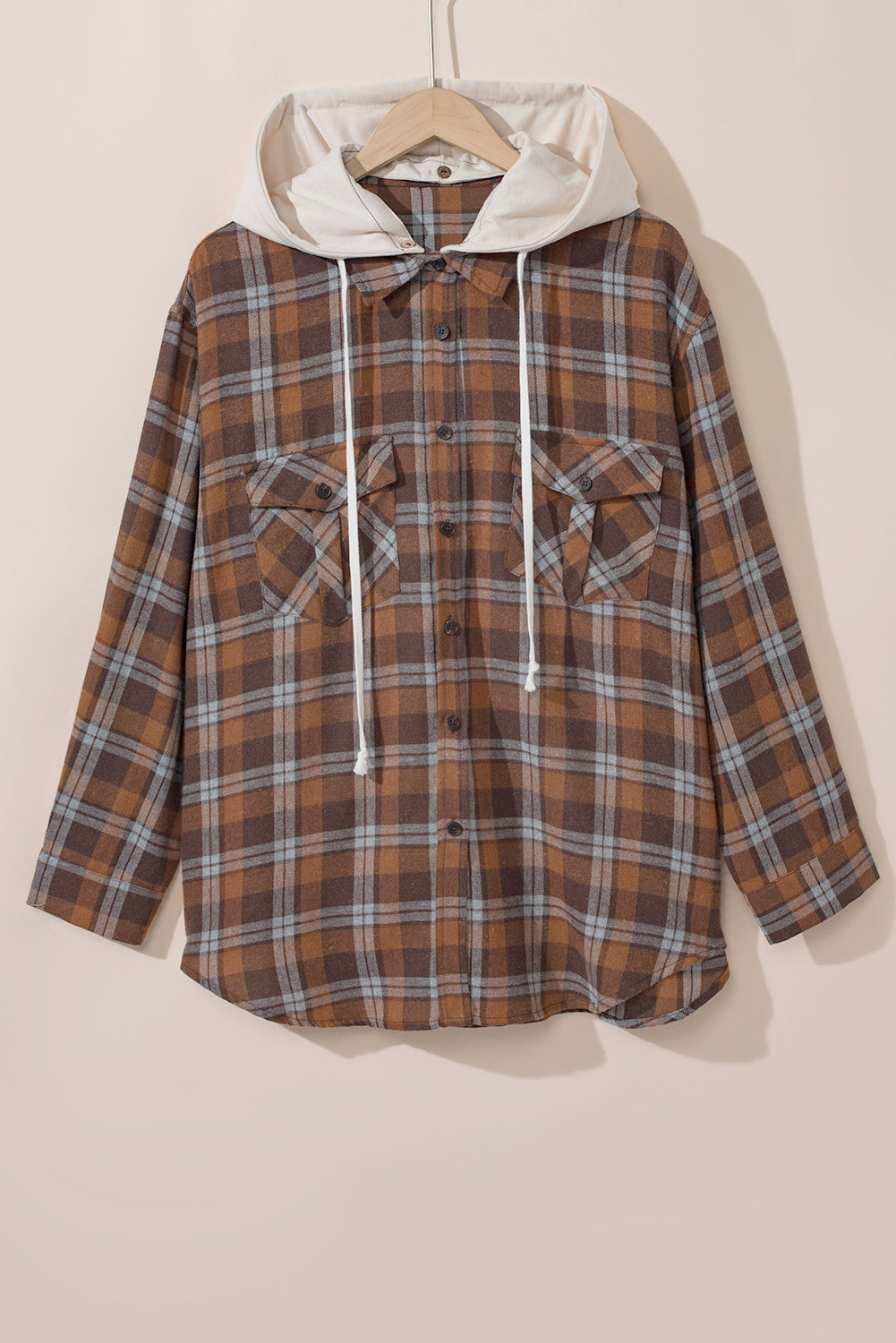 Brown Plus Size Plaid Contrast Button up Hooded Jacket