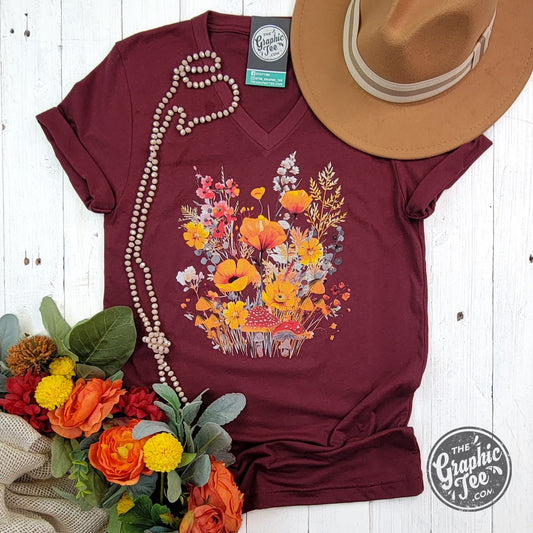 Fall Boho Floral Heather Cardinal V-Neck Short Sleeve Tee