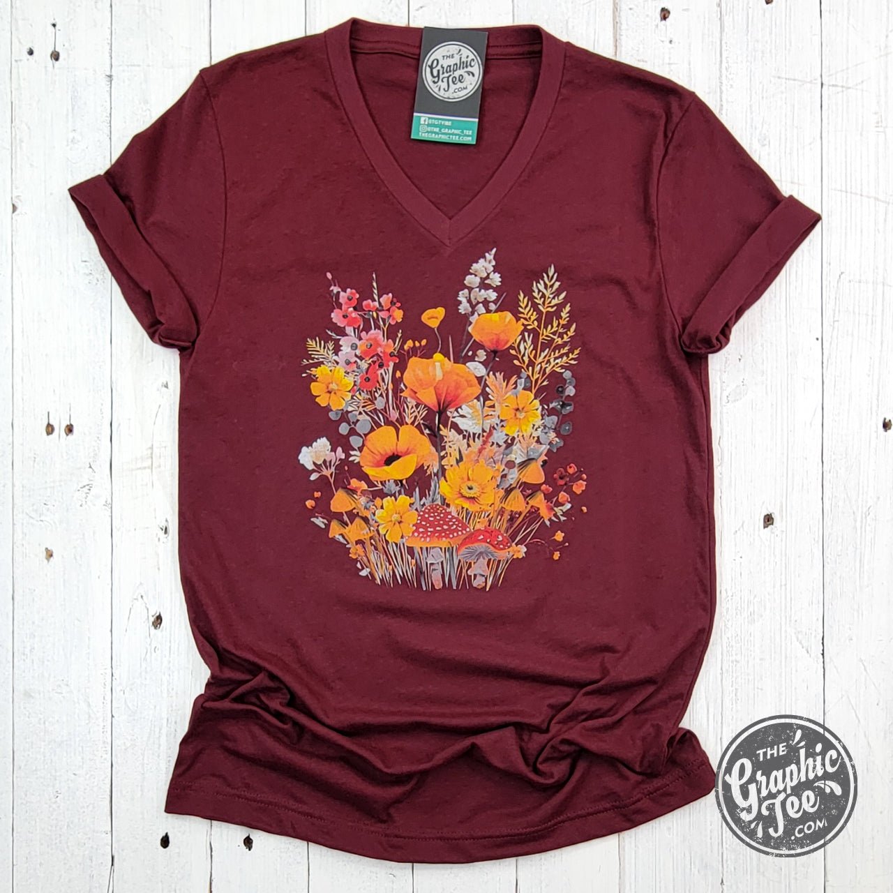 Fall Boho Floral Heather Cardinal V-Neck Short Sleeve Tee