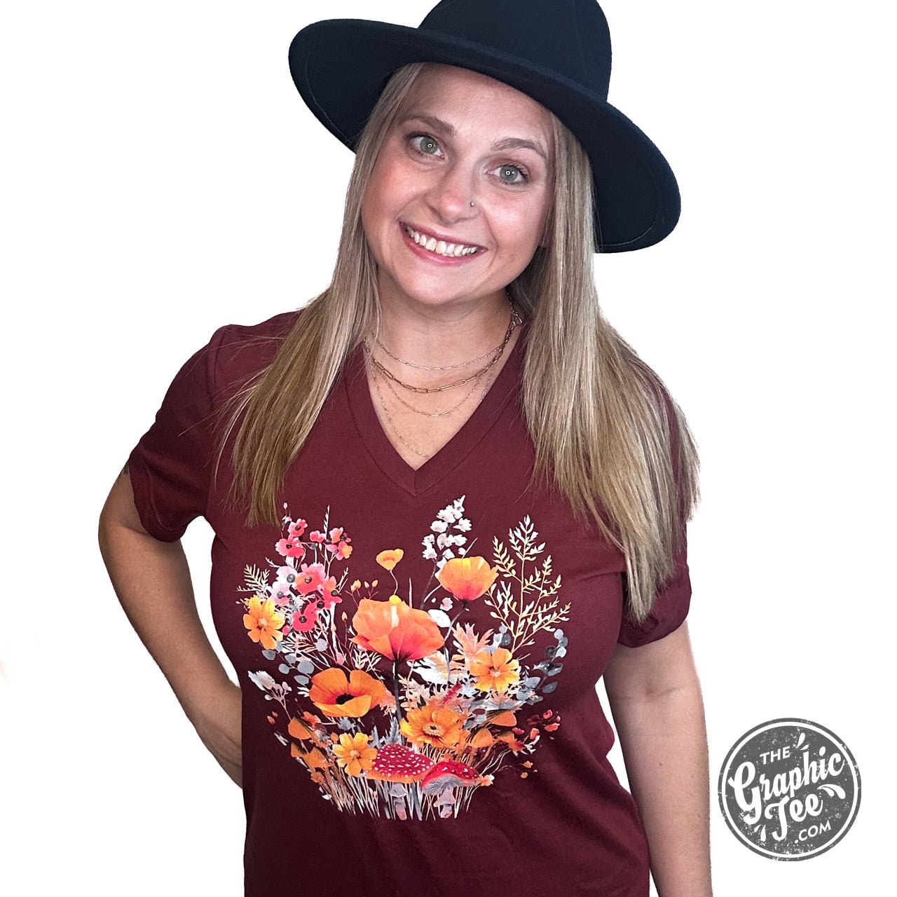 Fall Boho Floral Heather Cardinal V-Neck Short Sleeve Tee