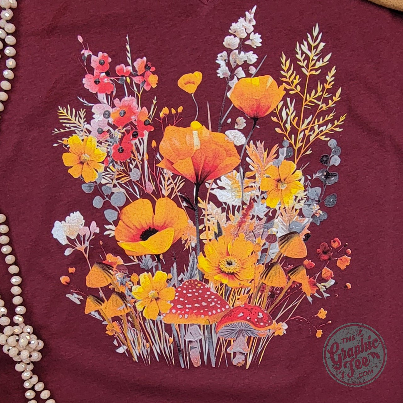 Fall Boho Floral Heather Cardinal V-Neck Short Sleeve Tee