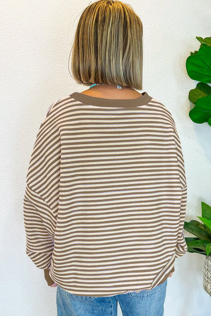 Brown Stripe Loose Drop Shoulder Long Sleeve Top