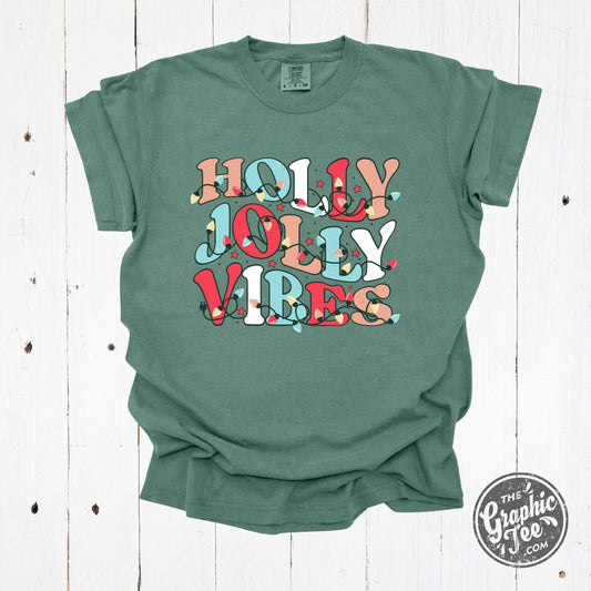 Holly Jolly Vibes Comfort Wash Cypress Green Short Sleeve Tee