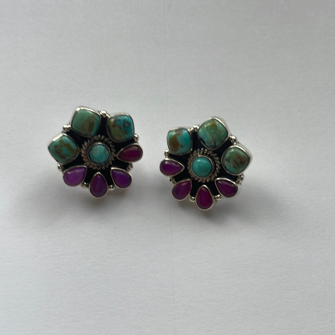 Handmade Pink Onyx, Turquoise & Sterling Silver Stud Flower Earrings Signed Nizhoni