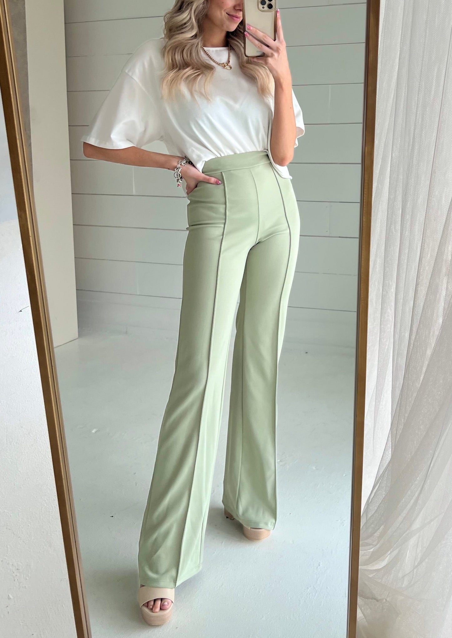 The Zoey Flare Trouser In Sage