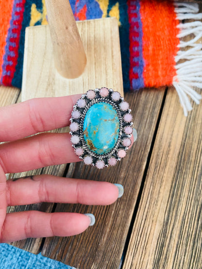 Handmade Sterling Silver Turquoise & Mother of Pearl Cluster Adjustable Ring