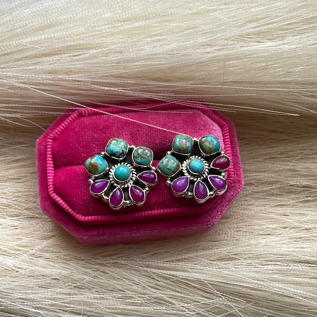 Handmade Pink Onyx, Turquoise & Sterling Silver Stud Flower Earrings Signed Nizhoni