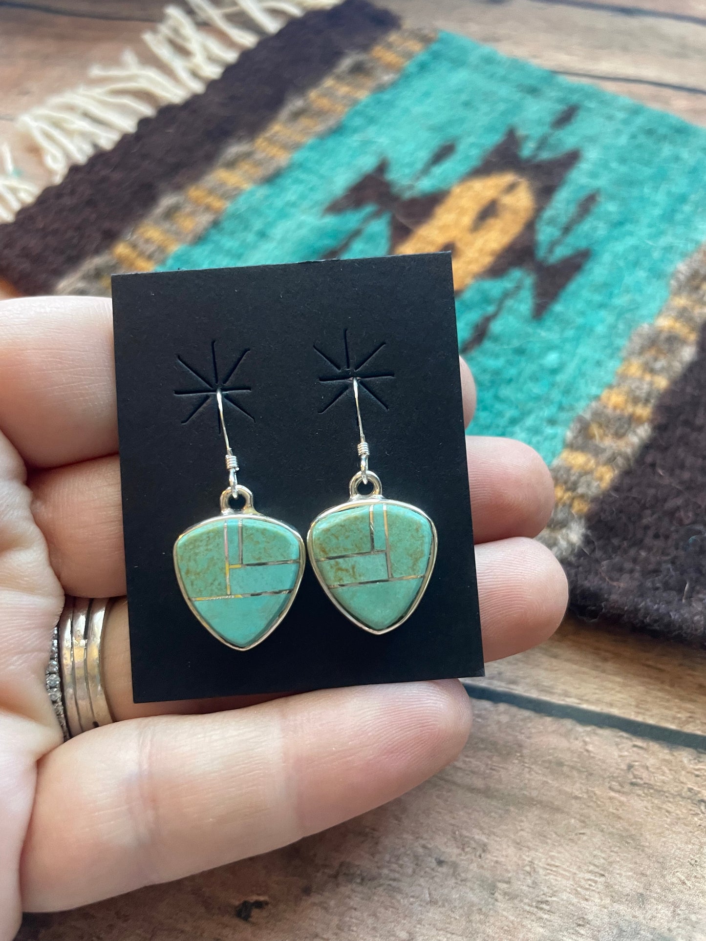 Navajo Number 8 Turquoise & Sterling Silver Inlay Dangle Earrings Signed