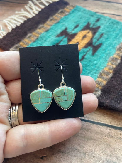 Navajo Number 8 Turquoise & Sterling Silver Inlay Dangle Earrings Signed