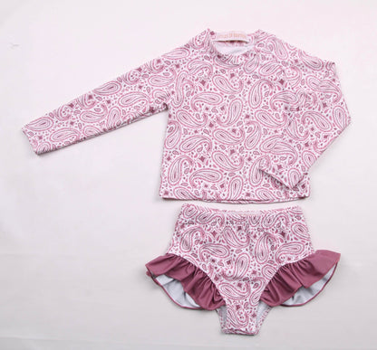 Pretty Paisley Long Sleeve Side Ruffle Swimsuit