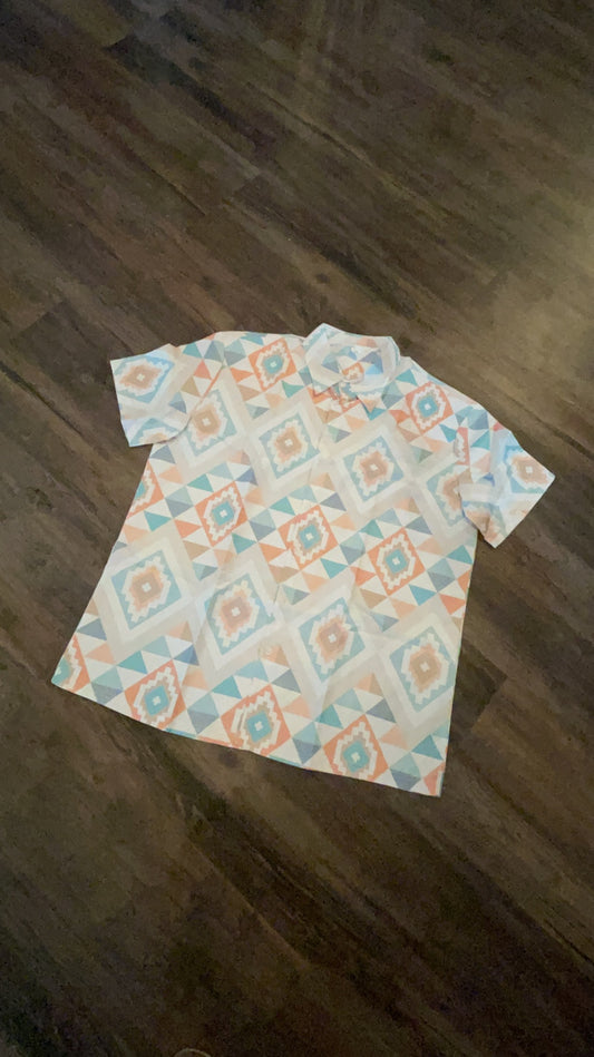 Men’s Button Up- Orange, Ivory and Blue