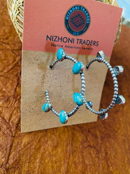 Navajo Sterling Silver & Turquoise Hoop Earrings